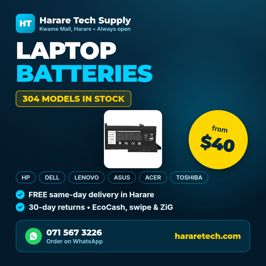 Laptop batteries from $40 — 304 models in stock at Harare Tech, Harare, Zimbabwe