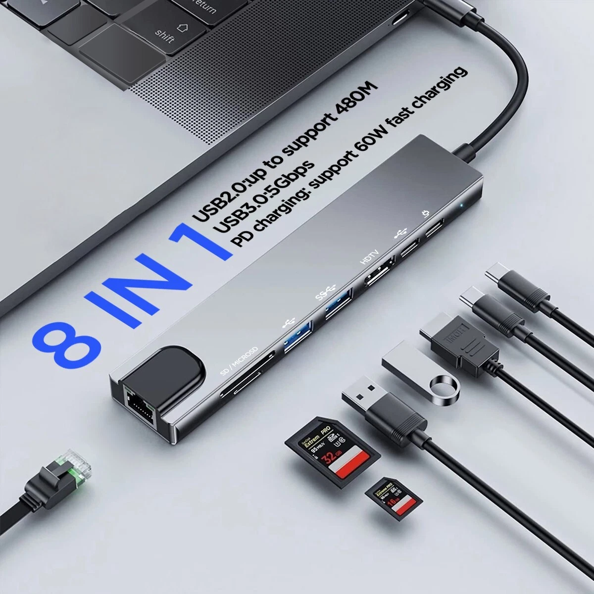 Type C to HDTV 8 in 1 Adapter USB C Hub 4K HDMI RJ45 SD TF USB PD New